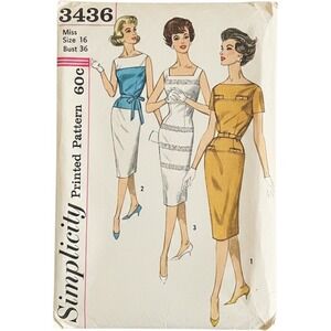 Simplicity 3436 Sheath Dress Pattern Misses Size 16 Bust 36 1960s Vintage Uncut
